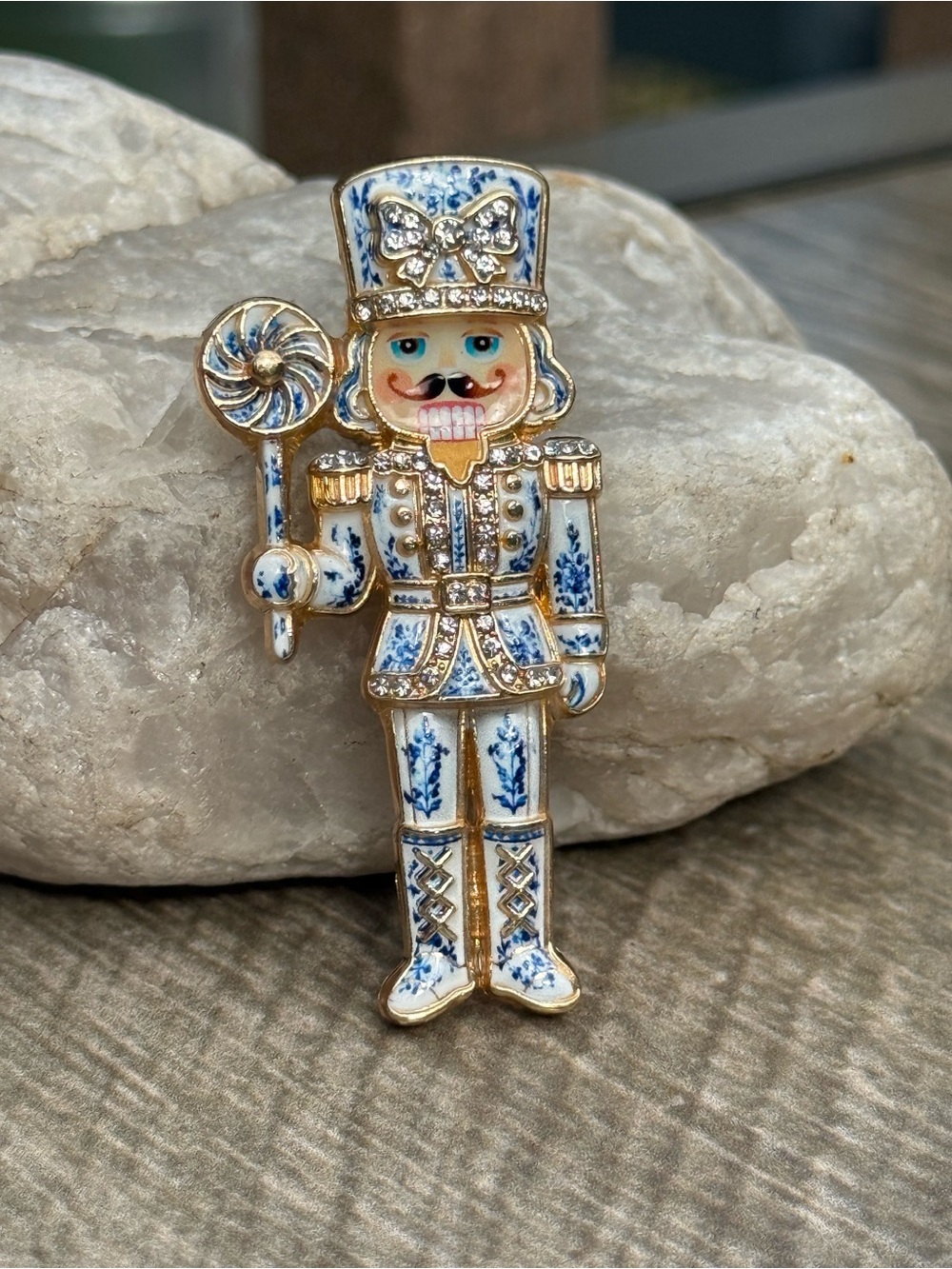 NWT Porcelain -Style Nutcracker Figurine Brooch in White and Blue with Gold
